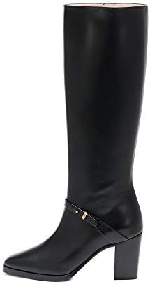 TinaCus Women's Square Toe Handmade Genuine Leather Side Zip Buckle Mid Chunky Heel Classic Knee High Boots(Black, US8)