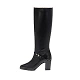 TinaCus Women's Square Toe Handmade Genuine Leather Side Zip Buckle Mid Chunky Heel Classic Knee Hig