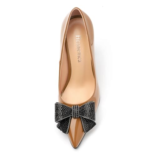 Womens Chunky Block High Heels Patent Closed Pointed Toe Bow Pumps Slip on Heels Wedding Party Dress Shoes 3.5IN Brown Patent Size 9.53