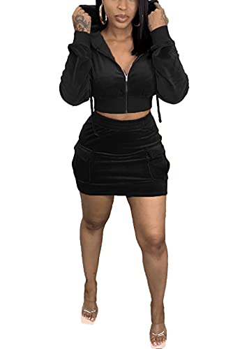 Remelon Women Full-Zip Velvet Hoodie Crop Top Jacket Bodycon Pockets Skirts 2 Piece Outfits Mini Dress Set Black XXL