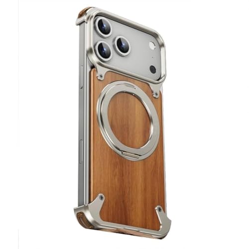 Coque iPhone 17 Pro Max en bois et métal brossé avec anneau de support - Gris