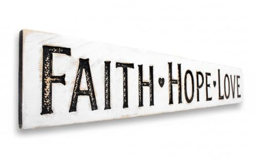 FAITH HOPE LOVE Sign - Carved in a 55"x8" Solid Wood Board | Rustic Distressed | Farmhouse Style | Handmade in NC