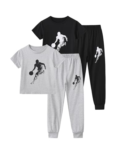 Fdqin Boys Fashion Clothes Short Sleeve Crewneck Top and Pants Casual Boys Summer Outfits Set Grey Black 7-8 Years