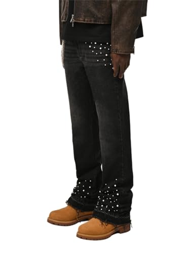 crazynekos Men's Slim Fit Straight Leg Jean Patch Denim Pant Baggy Trousers with Pockets