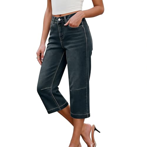 Pantalones vaqueros capri de cintura alta regulable y tejido elástico transpirable