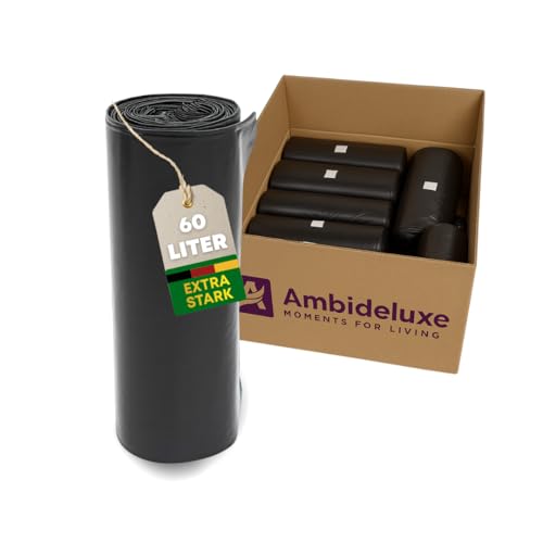 Ambideluxe Lot de 20 rouleaux de sacs poubelle extra résistants 60 l - Pour la maison, le jardin et le commerce - Indéchirable et résistant à la perforation - Grande capacité