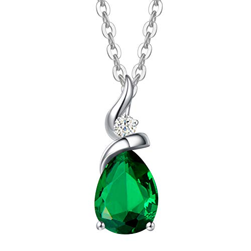 FANCIME Emerald Necklace 14K Solid White Gold Pear Shaped Teardrop Pendant May Birthstone Jewelry Birthday Gifts for Mom Women, Sterling Silver Chain 16" + 2" Extender