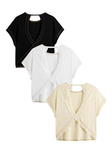 Image of RoseSeek Women's 3 Packs Open Back Tops T Shirt Criss Cross Cut Out Tee Short Sleeve Crewneck Summer Backless Tops