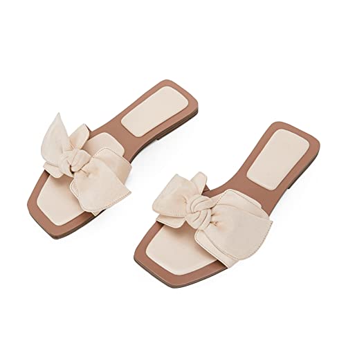 LAICIGO Womens Slip on Bow Sandals Dressy Comfortable Flat Sandals Square Toe Summer Slides