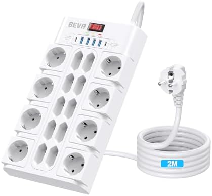 BEVA 18 Fach Steckdosenleiste 3680W/16A, Mehrfachsteckdose mit USB,2M Kabel | 2100J Steckdosenleiste Überspannungsschutz ,Mehrfachstecker mit Schalter und 2 USB-C (15W)+4 USB-A, fü