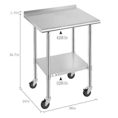 Image of Stainless Steel Table for Prep & Work with Backsplash & Caster 24x30 Inches, NSF Commercial Kitchen Heavy Duty Table with Adjustable Under Shelf for Restaurant, Home and Hotel