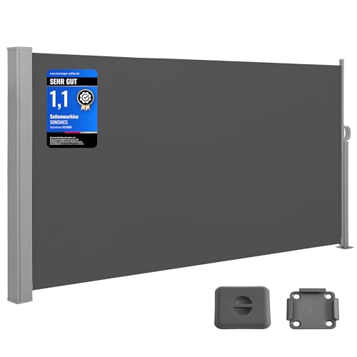 SONGMICS Seitenmarkise mit Stahl-Kasten, rostbeständig, ausziehbar, 180 x 400 cm, Windschutz, Sonnenschutz, Blickdicht, Seitenrollo, für Balkon, Terrasse, Garten, anthrazit GSA584G01