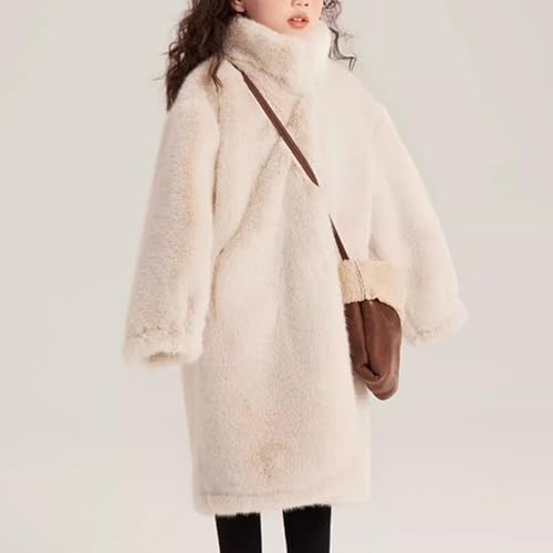 Girls Faux Fur Jacket Long Trench Coat Fuzzy Fleece Winter Warm Stand Collar Windbreaker Overcoat 6-16 Years4
