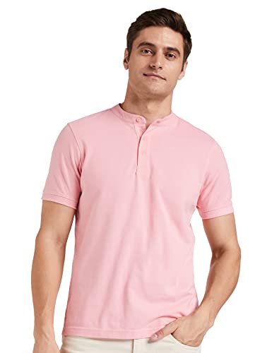 Amazon Brand - Symbol Men's Cotton Rich Polo T Shirt | Mandarin Collar Tshirts | Half Sleeves | Plain - Regular Fit (Pink_XL)
