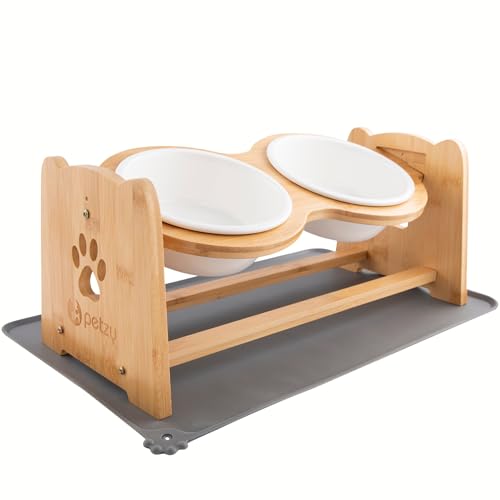 Comedouro de cerâmica para cães ou gatos de alta qualidade, altura ajustável, 700 ml por tigela, perfeito para cães e gatos, tigelas com comedouro de bambu + base antiderrapante para escolher