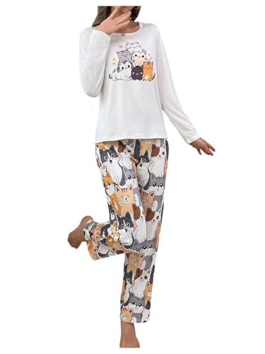 SOLY HUX Womens Cartoon Graphic Pajama Set Cute Cat Print Sleepwear Long Sleeve Tee Tops and Pants Loungewear White Cartoon Medium