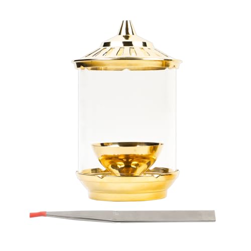 Image of Klassic Kumbha 8 Inch Large Akhand Diya with Borosilicate Glass Shade, Gold Lid & 1 Wick Tweezer (5.5 Inch) | Premium Brass Oil Lamp for Mandir, Pooja, Aarti & Home Temple, Pack of 1