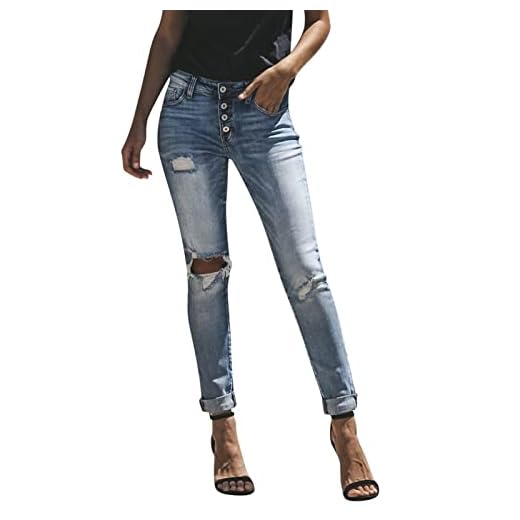 BIKETAFUWY Damjeans byxor casual baggy denimbyxor vintage tryck baggy byxor slim flare jean casual basic spricka hål jeans byxor säckiga bruna byxor vintage byxor med vida ben, ljusblå, L