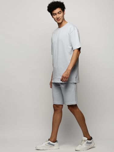 Image of SHOWOFFFF Men Solid Two-Piece Co Ords | Round Neck Half Sleeves Cotton Co Ords for Mens | Mid-Rise Regular Fit Above Knee Co Ords for Men's