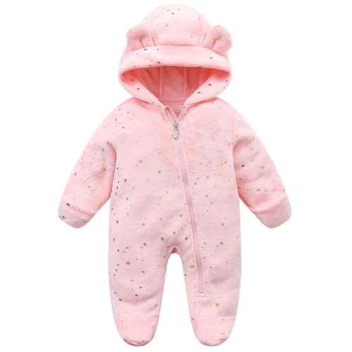 BRONG Nyfödd fleecepyjamas, sparkdräkt, vinter, babyoverall med huva, ett stycke, dragkedja, på fötter, flanell, kläder för 0–12 månader, ROSA, 3-6 Monate