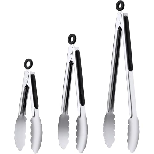 Stainless Steel Grill Tongs Food Grade Kitchen Tongs Heat Resistant 600 Degrees for Cooking BBQ Barbecue Grilling Buffet Serving (7+9+12)