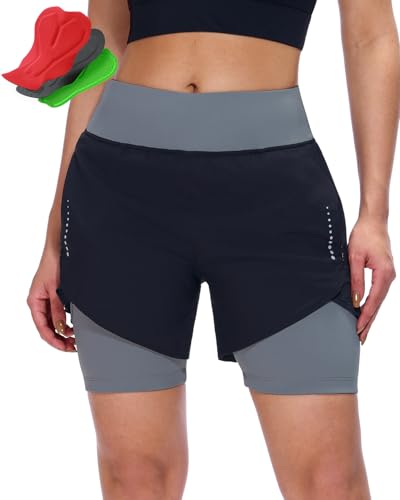 Sportneer Women Padded Bike Shorts - 4D Bicycle Cycling Shorts with 2 Zipper Pockets & 1 Inner Thigh Pocket, Lightweight Breathable Quick-Dry for Mountain Biking, Trail Riding & Casual Cycling