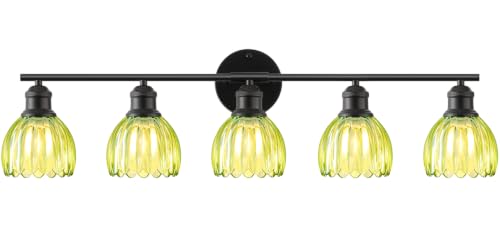 Image of Bathroom Light Fixtures, 5-Light Brushed Black Vanity Lights for Bathroom with Green Tulip Glass Shade, 30 inch Vintage Bathroom Vanity Lighting Fixtures Over Mirror for Bedroom Living Room Hallway