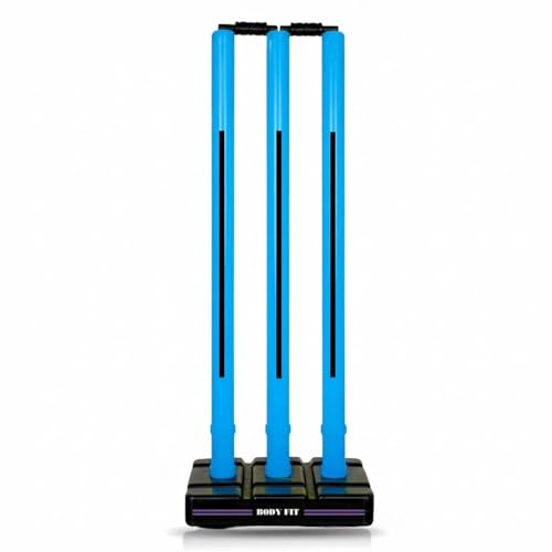 Image of Bodyfit Heavy Cricket Stumps | Plastic Wickets Set with 3 Stumps + 2 Bails + 1 Stand | Full Size Wickets for Cricket Ground, Tournament Wicket. (Blue-Black)