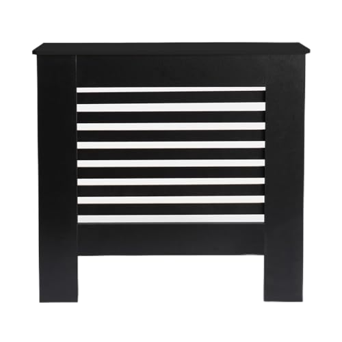 OHS Small Radiator Cover Black Stylish Wooden Frame Slatted Design Decorative Top Shelf Small Radiator Cover MDF Cabinet for Living Room Bedroom or Hallway