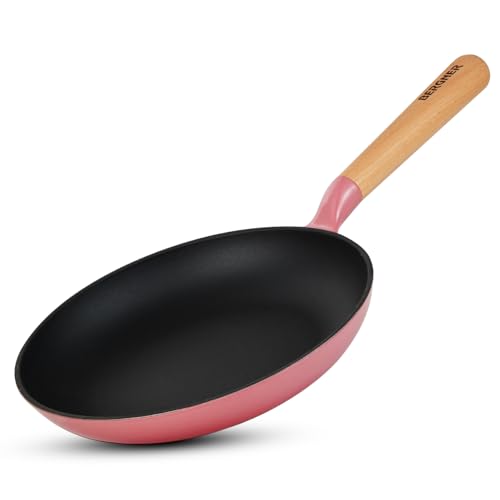 Image of BERGNER Excalibur Lightweight Cast Iron Frypan 24cm, Sturdy Wooden Handle, Non-Stick Coating, PFAS Free, Perfect Heat Distribution, Elegant Design - Induction and Gas Stove Ready (Pink)