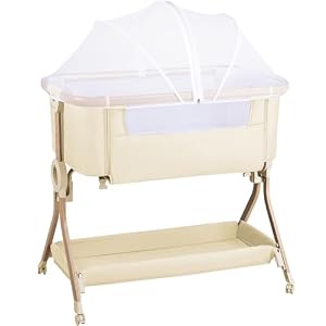 Larex Beistellbett Baby,3 in 1 Babybett mit Moskitonetz,Aufbewahrungsta... & Korb,5-stufig Höhenverstellbares Babybett,4 Räder mit Bremse,atmungsfreundliche Matratze & Mesh (Khaki)