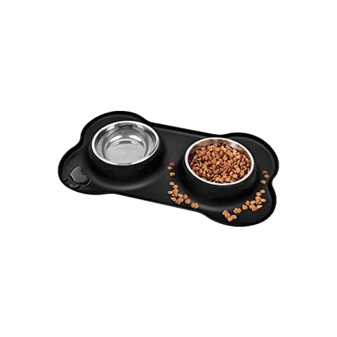 Puppy Bowls, Cat Bowl YOKA Puppies Bowl Non Slip Stainless Steel Double Bowl with Non-Spill Silicone Mats Tray for Cats Puppies Food Water Feeding (200ml Each Bowl, Black) Cover