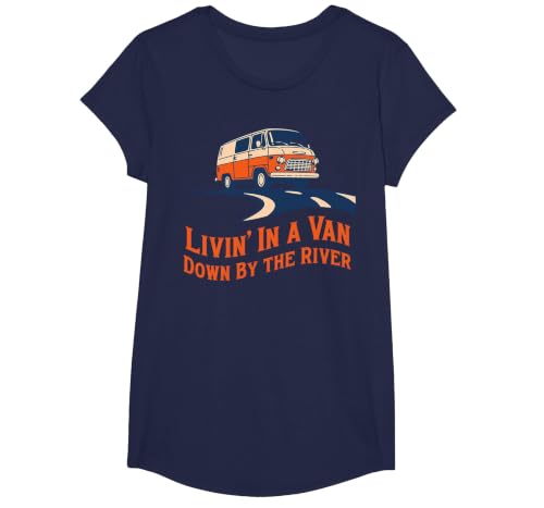 Livin' in A Van Down By The River T-Shirt, Girls, Navy Blue, Small