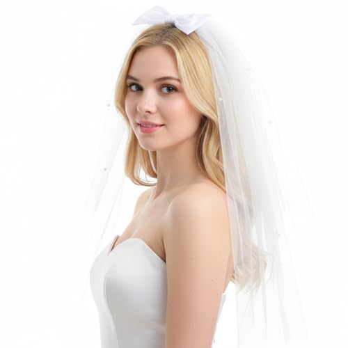 Nogeqi Voile de mariée - 60 cm - Court - Blanc - Élégant - Avec nœud - Nœud en tulle - Accessoire de cheveux pour mariage, fête, enterrement de vie de jeune fille