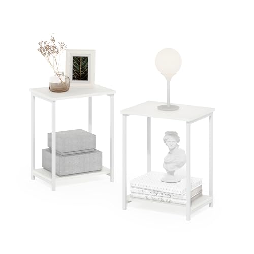 Image of Furinno Simplistic Side Table Set of 2, 2-Tier Modern Metal Frame End Table with Open Shelf, Night Stand, Bedside Table, Easy Assembly, for Living Room, Bedroom, White