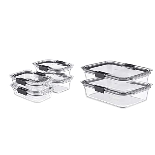 Rubbermaid 8-Piece Brilliance Glass Food Storage Containers with Lids, Clear/Grey & 2118315 Brilliance Glass Storage 8-Cup Food Containers with Lids, 2-Pack, BPA Free and Leak Proof, Large, Clear