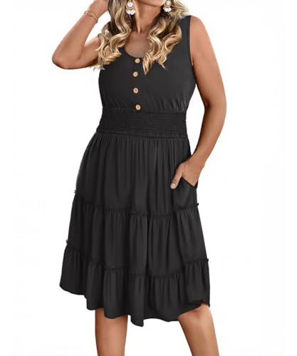 Image of RITERA Plus Size Summer Casual Dresses for Women Sleeveless Button Down Empire Waist Ruffle Tiered Swing Midi Dress XL-5XL