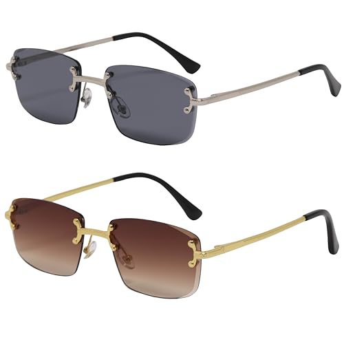 Image of Retro Rimless Rectangle Glasses Vintage Square Metal Wire Frame Trendy Hip Hop Frameless Style for Men and Women