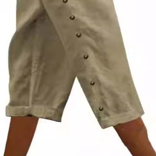Cropped Linen Pants Women Striped Elastic Waisted Drawstring Capri Pants with Pockets Side Button Casual Pant4
