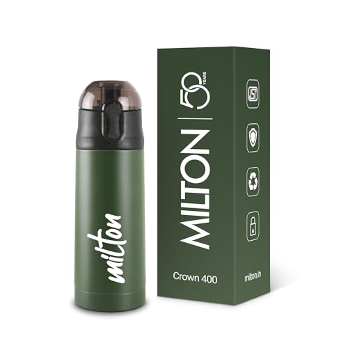 MILTON New Crown 400 Thermosteel 24 Hours Hot and Cold Water Bottle, 350 ml, Green | Easy to Carry | Office, Hiking, Trekking, Travel, Gym, Home, Kitchen Bottle