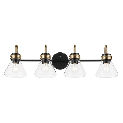 Image of Kichler Farum 34 inch 4-Light Bathroom Vanity Light Fixture with Clear Glass in Black, Modern Wall Mount Over Mirror for Single or Double Vanity (34 inch W x 9.5 inch H), 55156BKCLR