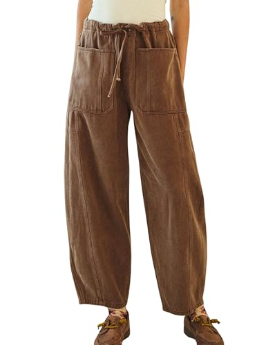 InterNos Women's Trendy Barrel Pants Wide Leg Mid Waisted Trousers Adjustable Drawstring Baggy Pants with Pockets