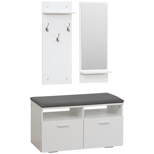 HOMCOM Conjunto de Recibidor con Zapatero Espejo y Perchero Mueble de Pasillo con 3 Ganchos para Colgar Ropas y Estantes Adecuada 8 Pares de Zapatos 80x36x47 cm Blanco