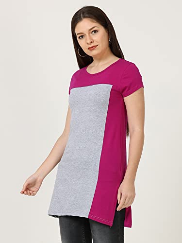 Image of FLEXIMAA Women's Cotton Round Neck Color Block Half Sleeve Long Top