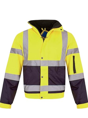 shelikes Hi Vis Viz Visibility Bomber Workwear Security Safety Fluorescent Hooded Padded Waterproof Work Wear Jacket Coat [Yellow/Navy L]