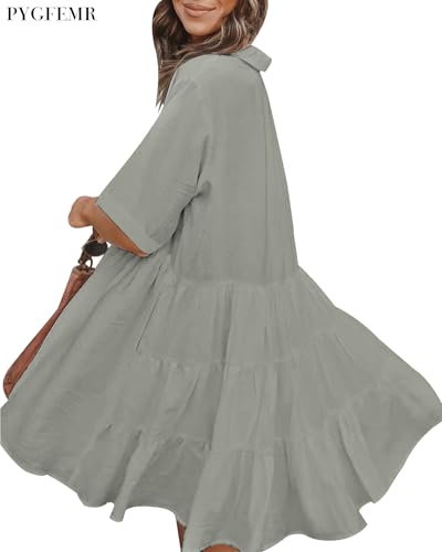 Image of PYGFEMR Women's Short Sleeve Babydoll Dress Button Down Dresses with Pockets