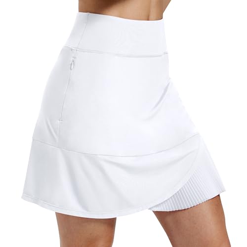 MoFiz Women's Golf Skorts Tennis Skirt with Shorts 18" Knee Length High Waisted Athletic Workout Pleated Activewear Skirts with 4 Pockets White Size XL