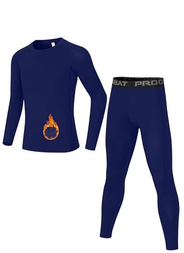 Dtone Conjunto de capa base para niños, diseño atlético térmico de manga larga y leggings para deportes de esquí, Forro polar azul marino, 10-11 Years (Size 28)