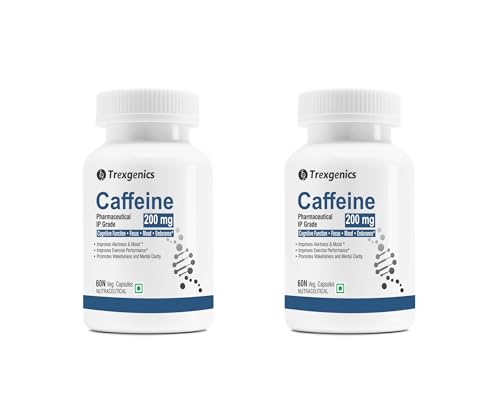 Image of Trexgenics CAFFEINE 200 mg Pharmaceutical Grade Cognitive Function, Refresh, Focus, Mood, Endurance Support (60 x 2 Packs) (Caffeine 200 mg (120 Veg Capsules))