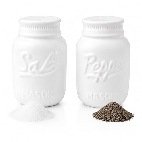 Comfify Vintage Mason Jar Salt & Pepper Shakers by - Adorable Decorative Mason Jar Decor for Vintage, Rustic, Shabby Chic - Sturdy Ceramic in White
